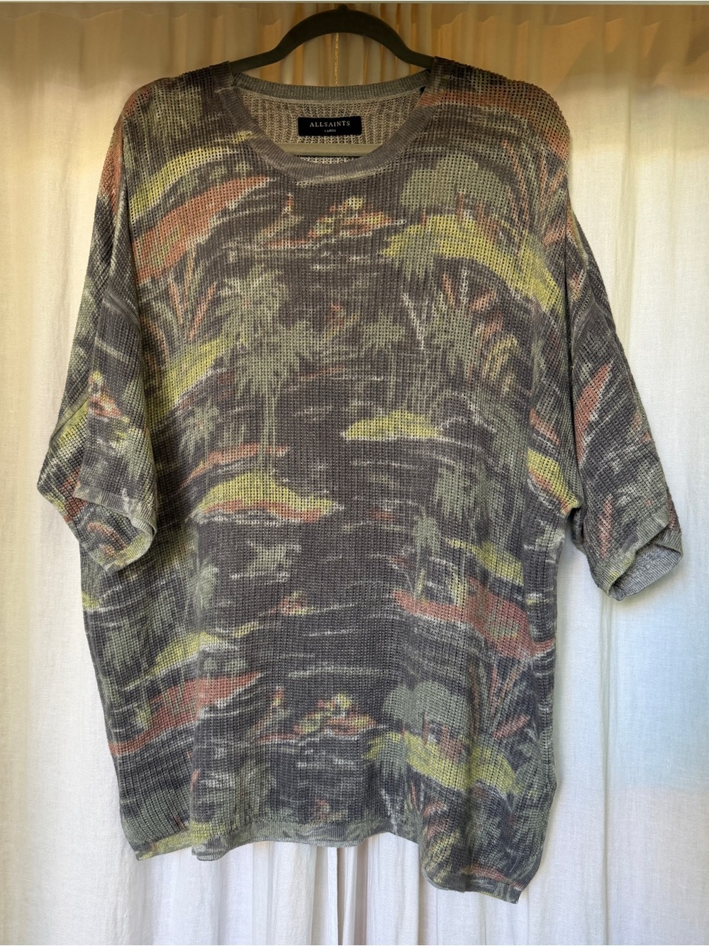 ALLSAINTS Tropical Print Open Knit Short Sleeve Sweater Large